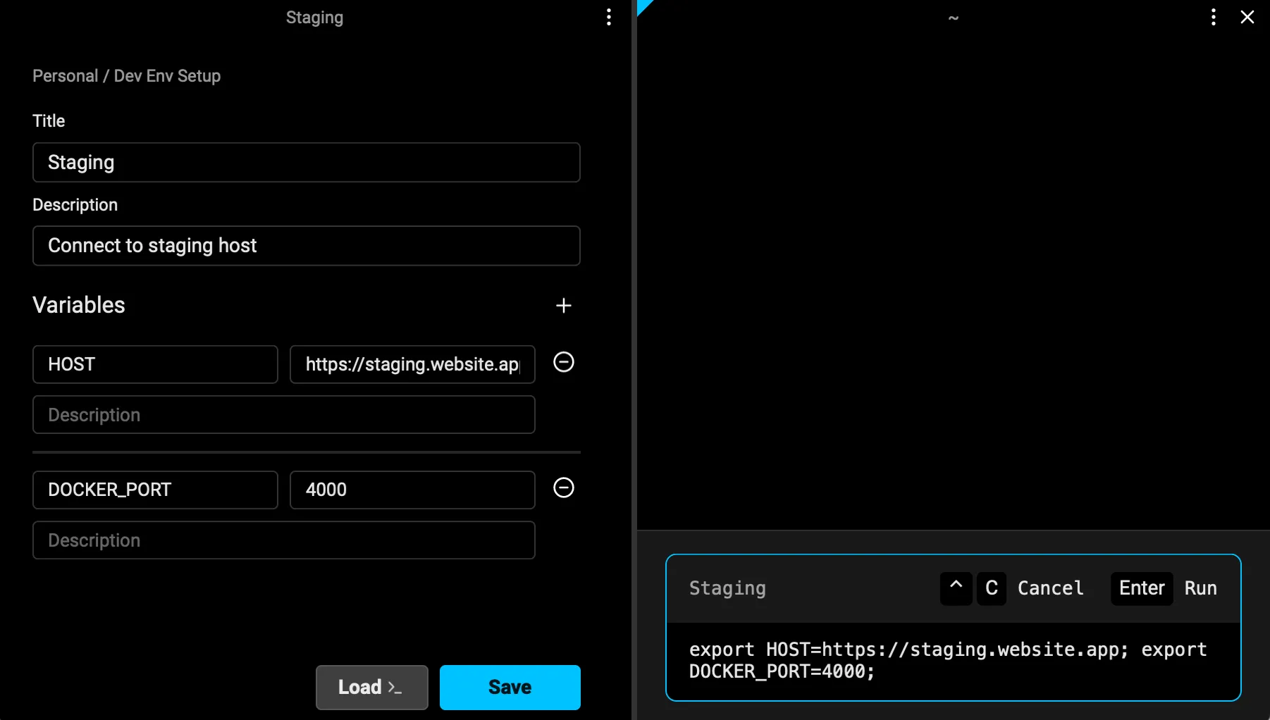 Loading a saved static environment variable into the current terminal session.
